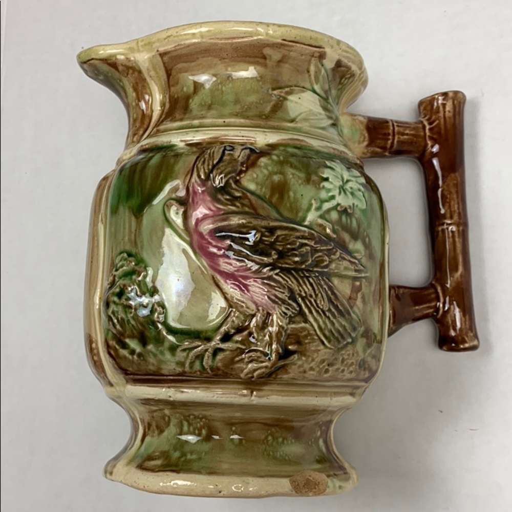 Antique Majolica Bird Pitcher With Bamboo Handle